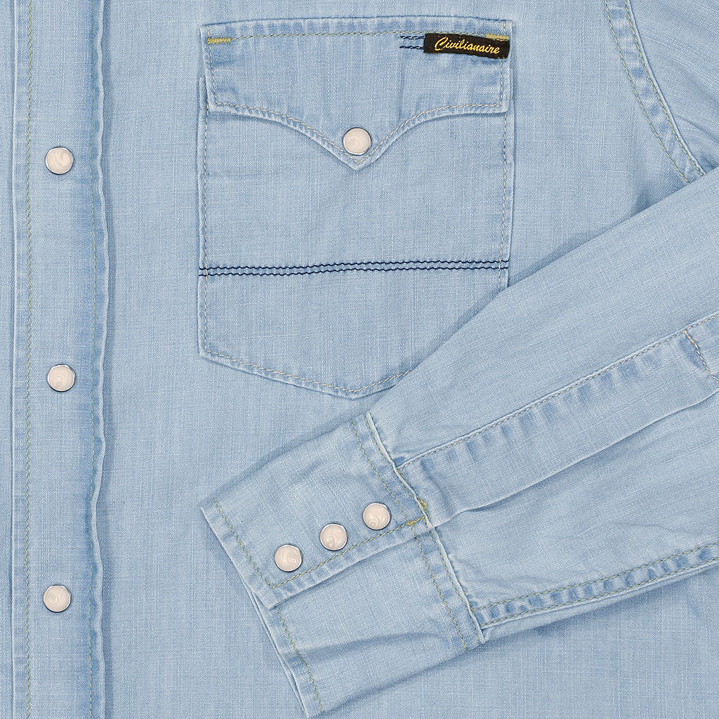 Long Sleeve 2-Pocket Western Shirt 6.5 oz. Chambray  - Indigo Bleach