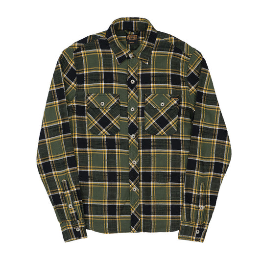 Long Sleeve 2 Notch Flap Pocket Shirt / JAPANESE COTTON Flannel - Green/Yellow