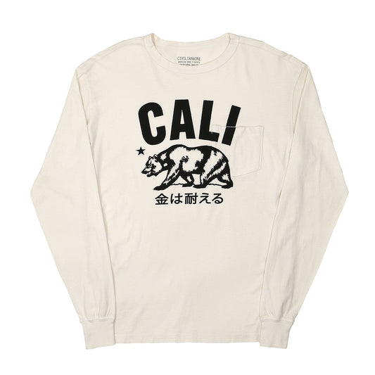 "Don't Mess with Cali" Long Sleeve Crew Neck Pocket Tee - White Sand