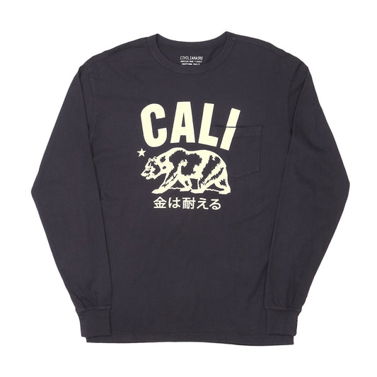 "Don't Mess with Cali" Long Sleeve Crew Neck Pocket Tee - Black Coal