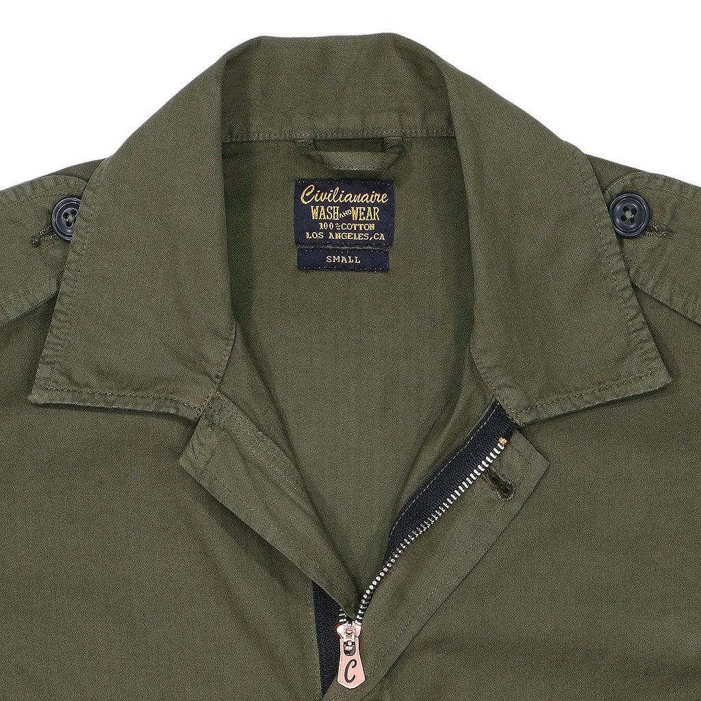 3 Pocket Herringbone Cotton Officer Jacket - Dark Army Green