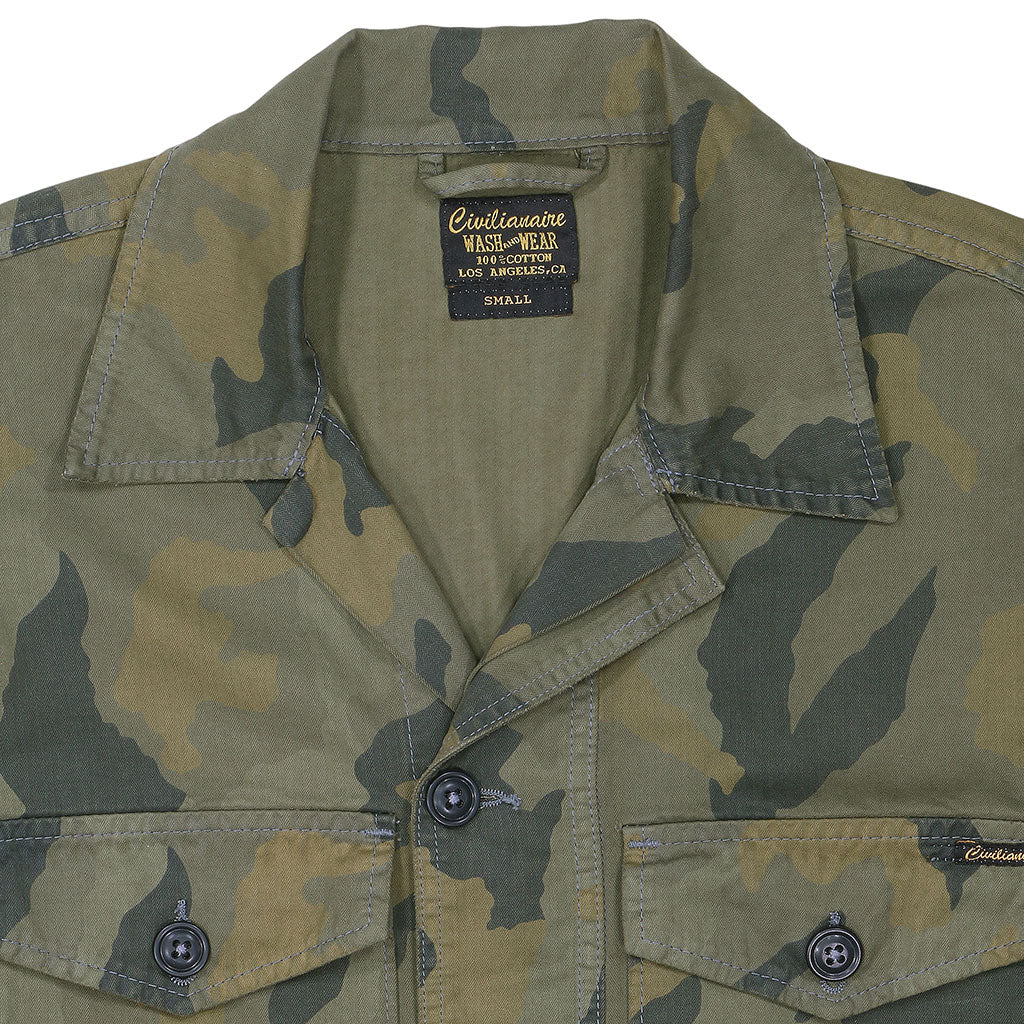 6 Pocket Herringbone Camo V-Flap Field Jacket - Camouflage Green