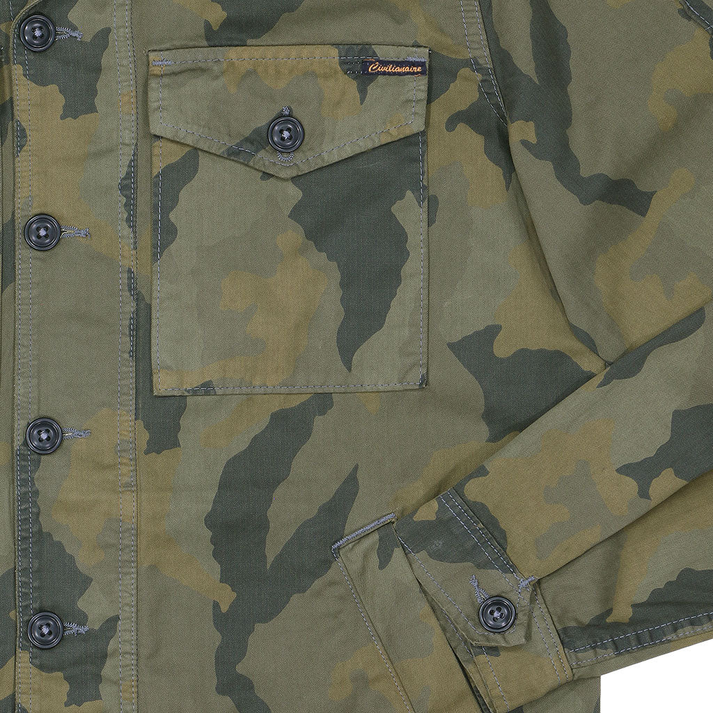 6 Pocket Herringbone Camo V-Flap Field Jacket - Camouflage Green