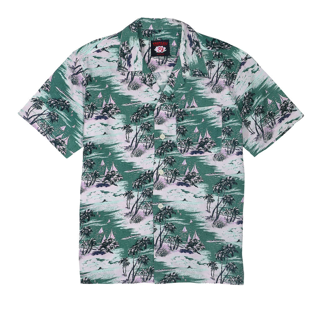 TROPICALI Short Sleeve 1-Pocket Flat Collar Hawaiian Shirt - Green Boats