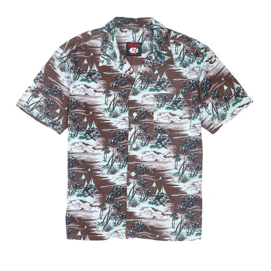 TROPICALI Short Sleeve 1-Pocket Flat Collar Hawaiian Shirt - Brown Boats