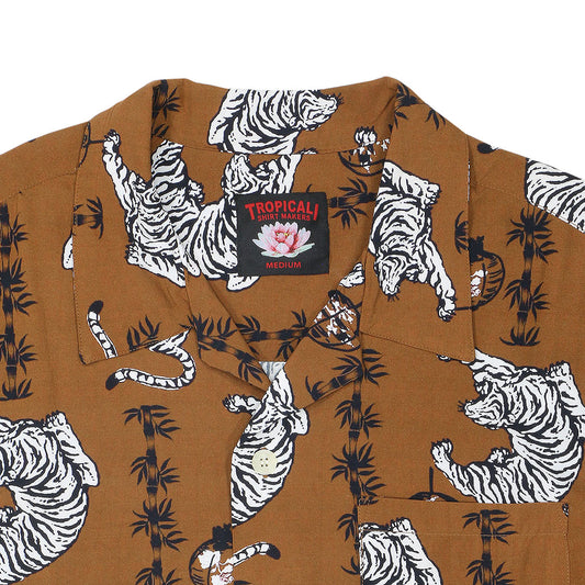 TROPICALI Short Sleeve 1-Pocket Flat Collar Hawaiian Shirt - Brown Tiger