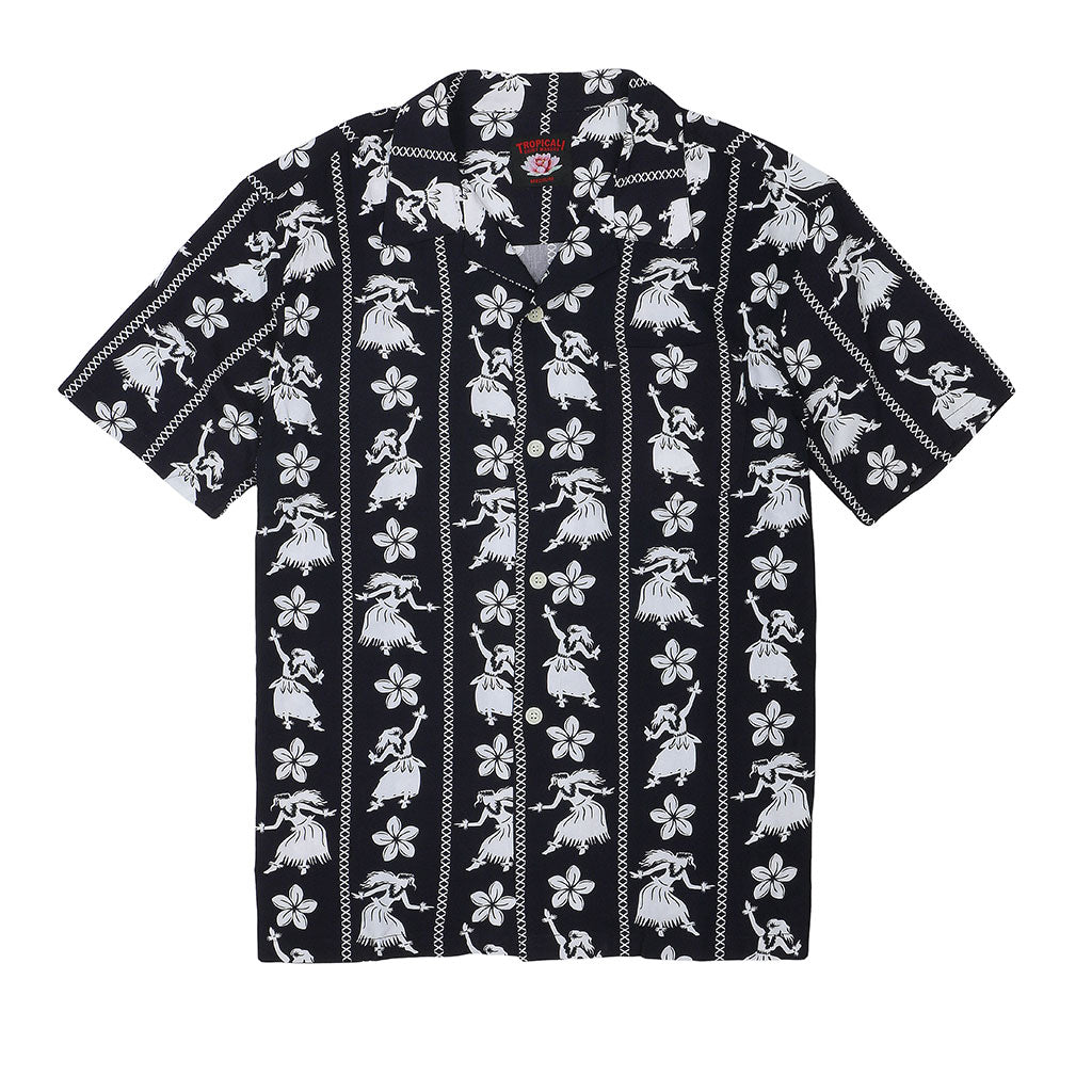 TROPICALI Short Sleeve 1-Pocket Flat Collar Hawaiian Shirt - Black Hula