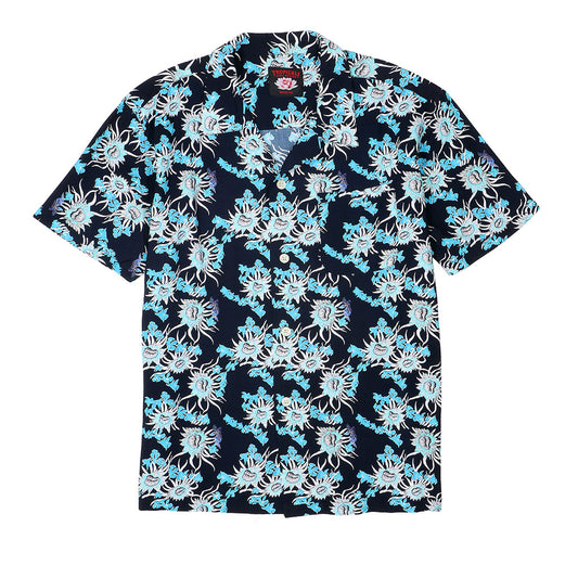 TROPICALI Short Sleeve 1-Pocket Flat Collar Hawaiian Shirt - Old Blue Flower