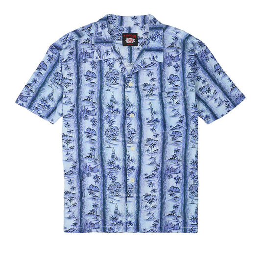 TROPICALI Short Sleeve 1-Pocket Flat Collar Hawaiian Shirt - Blue Huts