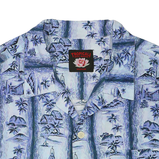 TROPICALI Short Sleeve 1-Pocket Flat Collar Hawaiian Shirt - Blue Huts