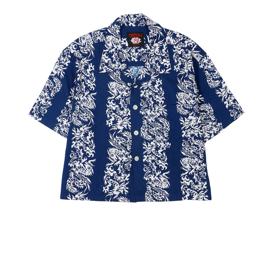 TROPICALI Womens Short Sleeve Cropped Hawaiian Shirt - Blue Dragons