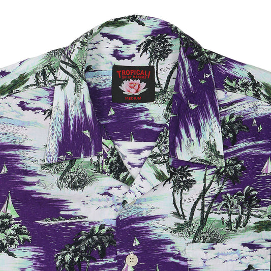 TROPICALI Womens Short Sleeve Cropped Hawaiian Shirt - Purple Boats