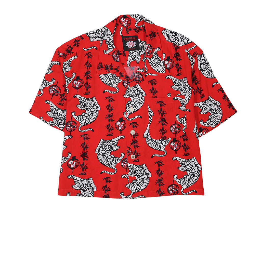 TROPICALI Womens Short Sleeve Cropped Hawaiian Shirt - Red Tiger