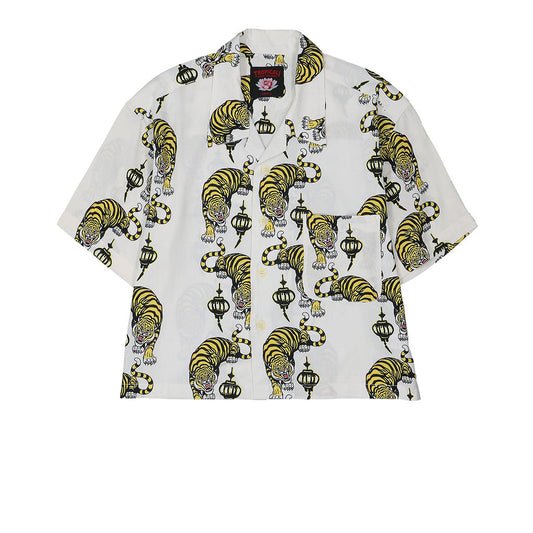 TROPICALI Womens Short Sleeve Cropped Hawaiian Shirt - White/ Yellow Tiger
