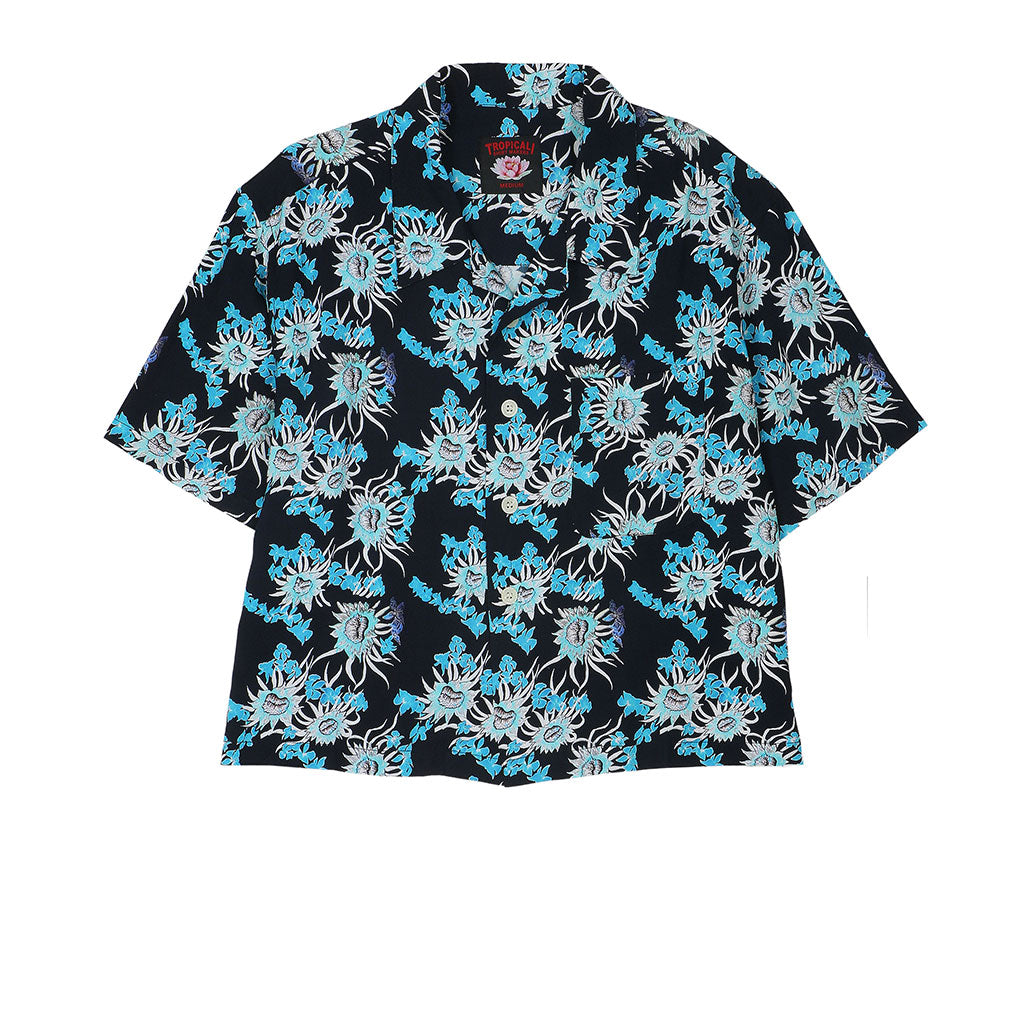 TROPICALI Womens Short Sleeve Cropped Hawaiian Shirt - Old Blue Flower
