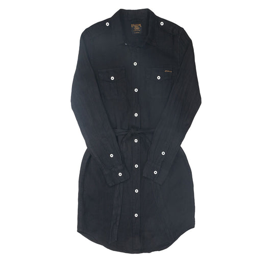 Long Sleeve Officer Linen Shirt Dress - Jet Black
