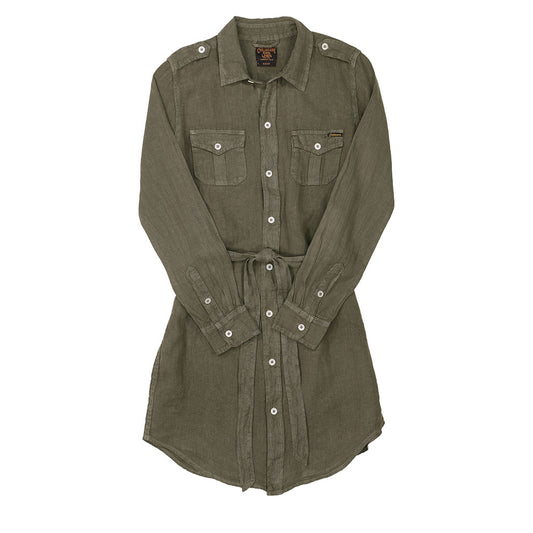 Long Sleeve Officer Linen Shirt Dress - Olive Khaki