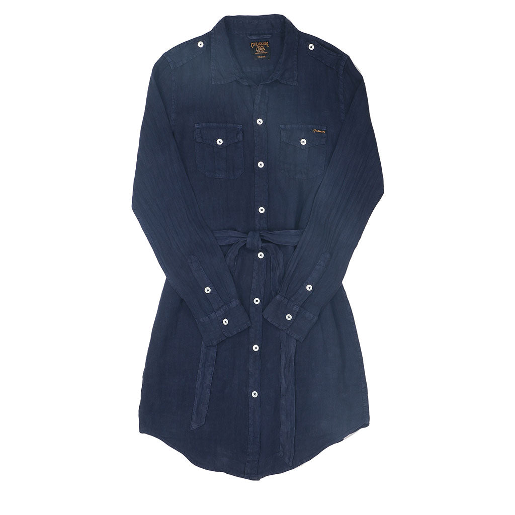 Long Sleeve Officer Linen Shirt Dress - Dark Slate Blue
