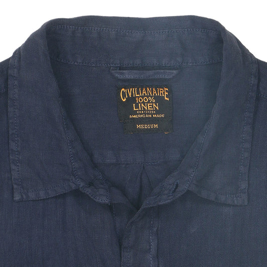 Long Sleeve Officer Linen Shirt Dress - Dark Slate Blue