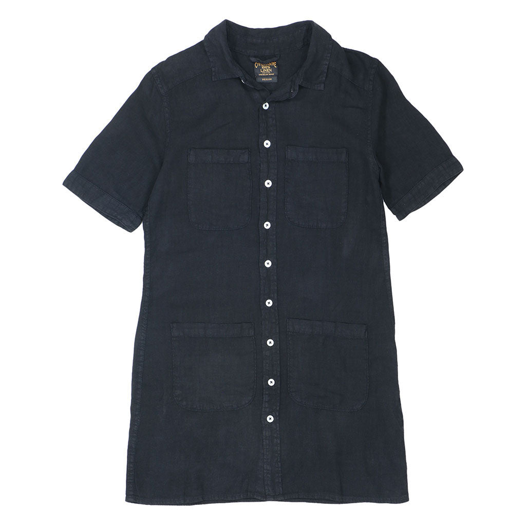 4 Pocket Linen Short Sleeve Shirt Dress - Jet Black