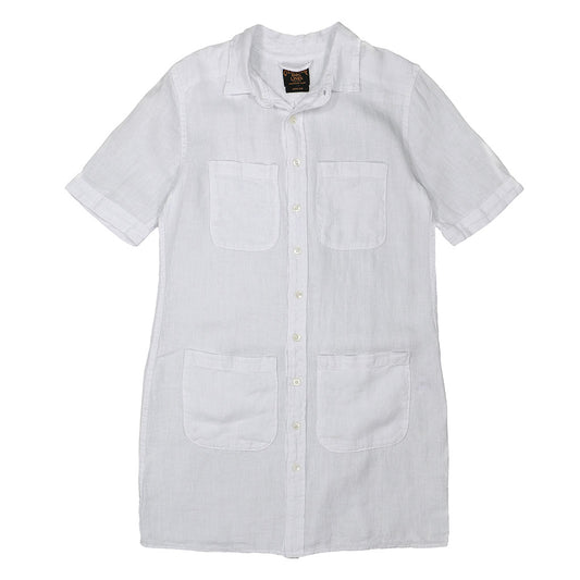 4 Pocket Linen Short Sleeve Shirt Dress - White