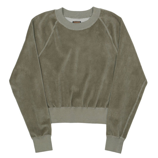 Long Sleeve Cropped Velour Raglan Crewneck - Pale Olive