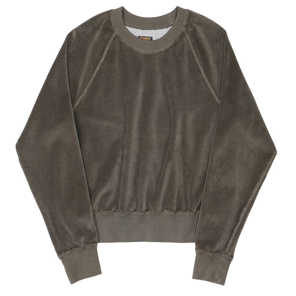 Long Sleeve Cropped Velour Raglan Crewneck - Olive Khaki