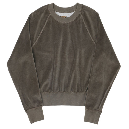 Long Sleeve Cropped Velour Raglan Crewneck - Olive Khaki