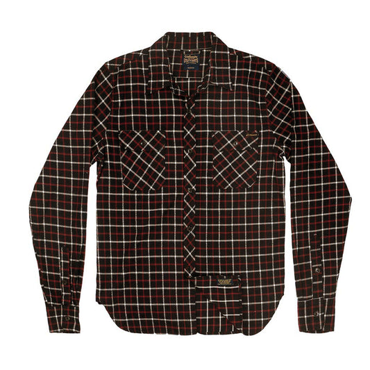 Long Sleeve Notch Flap Shirt Lightweight Flannel Plaid - Brown-Red/White