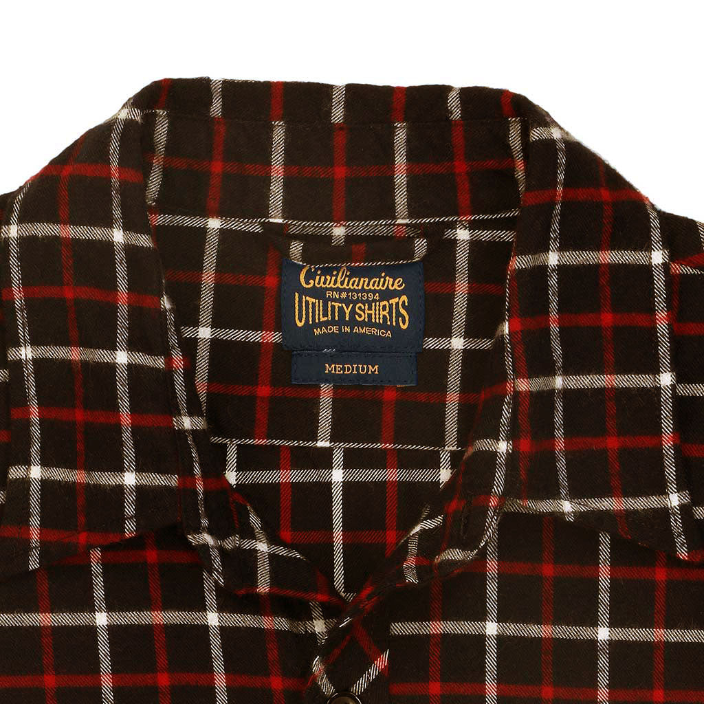 Long Sleeve Notch Flap Shirt Lightweight Flannel Plaid - Brown-Red/White