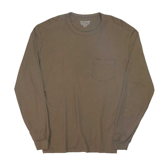 Crew Neck Long Sleeve 1 Pocket Tee - Soft Oak
