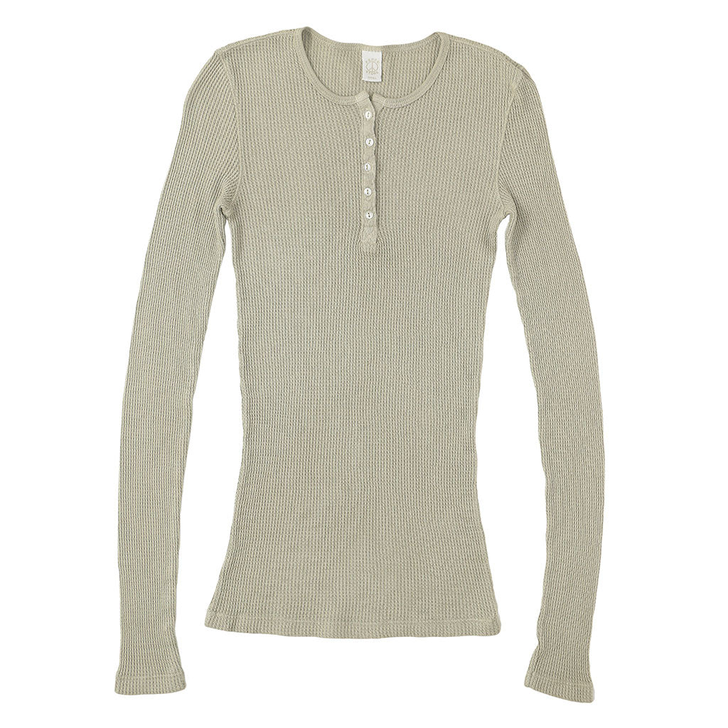 Peace Store Long Sleeve Thermal Cotton Banded Henley - Hay