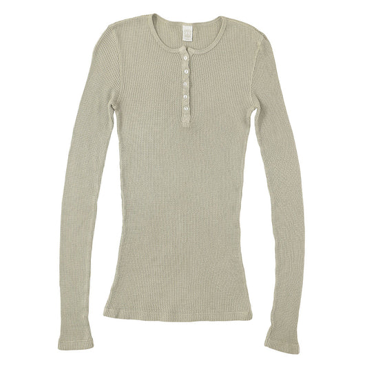 Peace Store Long Sleeve Thermal Cotton Banded Henley - Hay