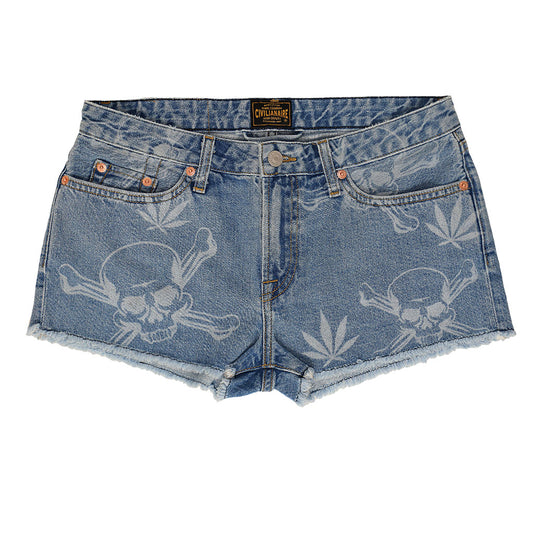 5 pocket Cut-Off Boyfriend 10.5 oz Shorts - Med WASH - LASER SKULL & LEAF PRINT