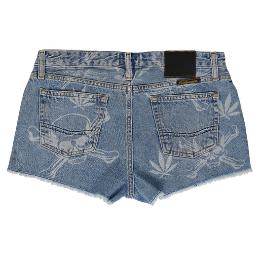 5 pocket Cut-Off Boyfriend 10.5 oz Shorts - Med WASH - LASER SKULL & LEAF PRINT