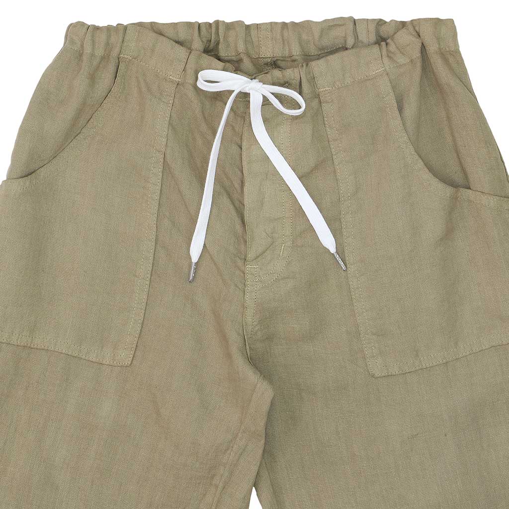Button Drawstring Linen Pants 2 Front Patch Pockets - New Khaki