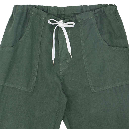Button Drawstring Linen Pants 2 Front Patch Pockets - Old Olive
