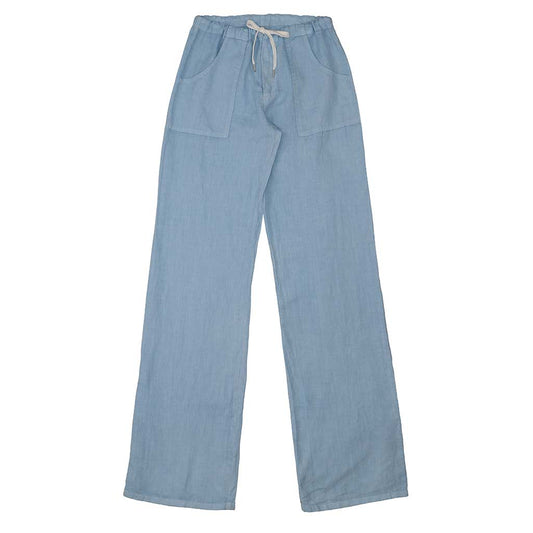 Button Drawstring Linen Pants 2 Front Patch Pockets - Light Baby Blue