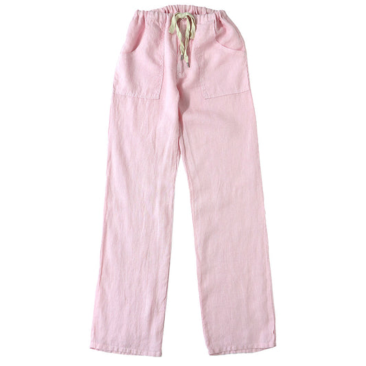 Button Drawstring Linen Pants 2 Front Patch Pockets - Pink Clover