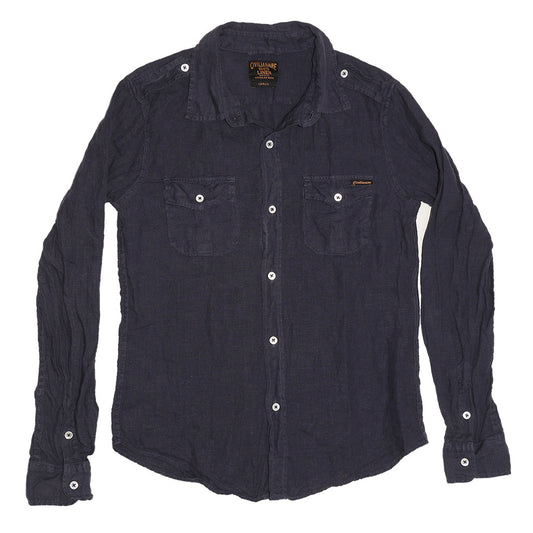 Women's Long Sleeve Officer Linen Shirt - Dark Slate Blue