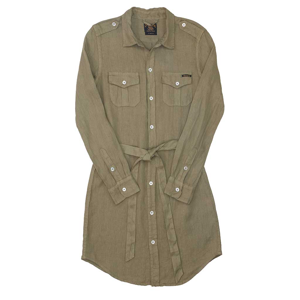 Long Sleeve Officer Linen Shirt Dress - New Khaki