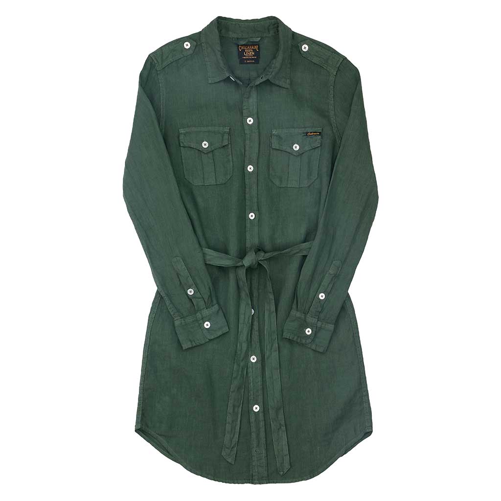 Long Sleeve Officer Linen Shirt Dress - Old Olive