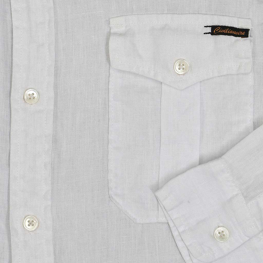 Long Sleeve COLLARLESS Officer Linen Shirt - White