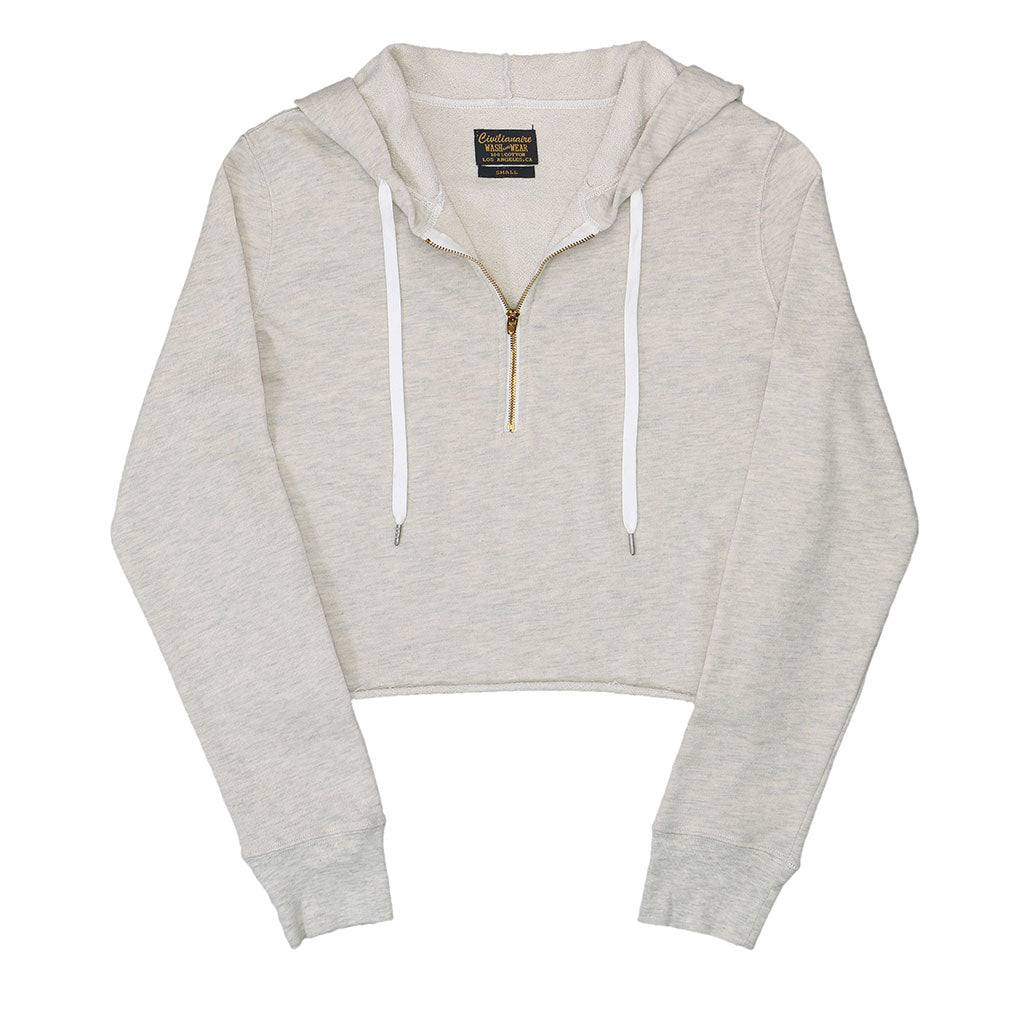 Long Sleeve 8" Half Zip-Front Cropped French Terry Hoodie - Oatmeal