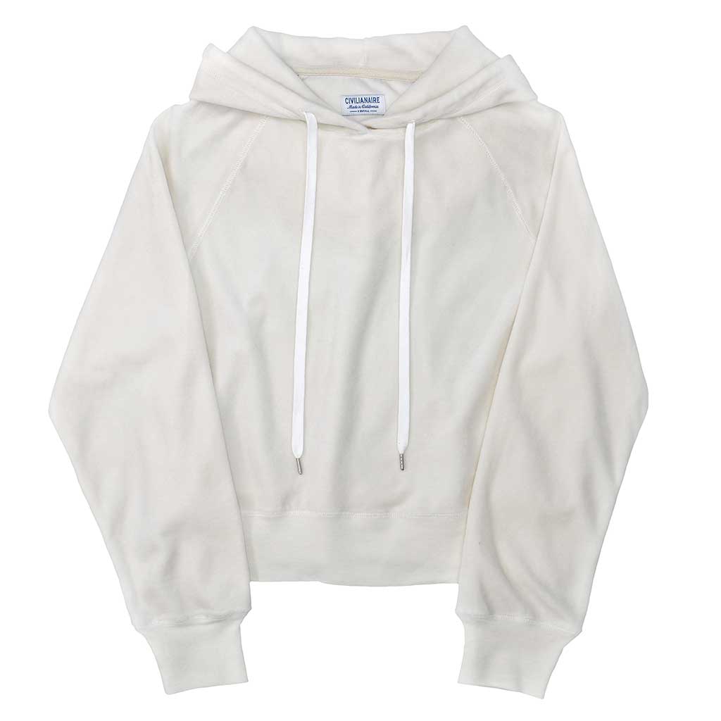Long Sleeve Cropped Velour Hoodie - White