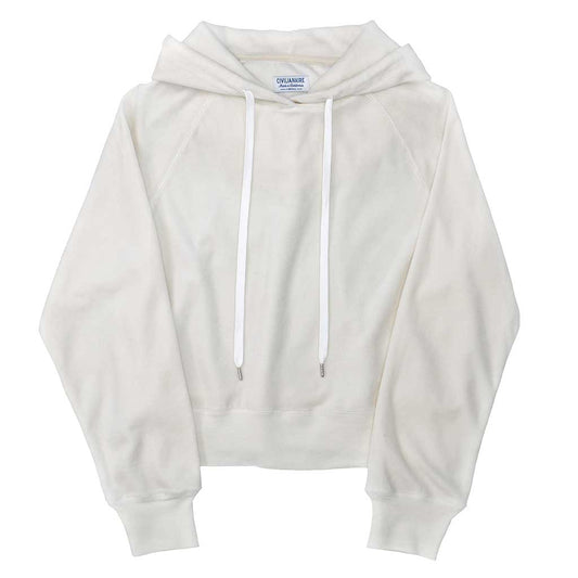 Long Sleeve Cropped Velour Hoodie - White
